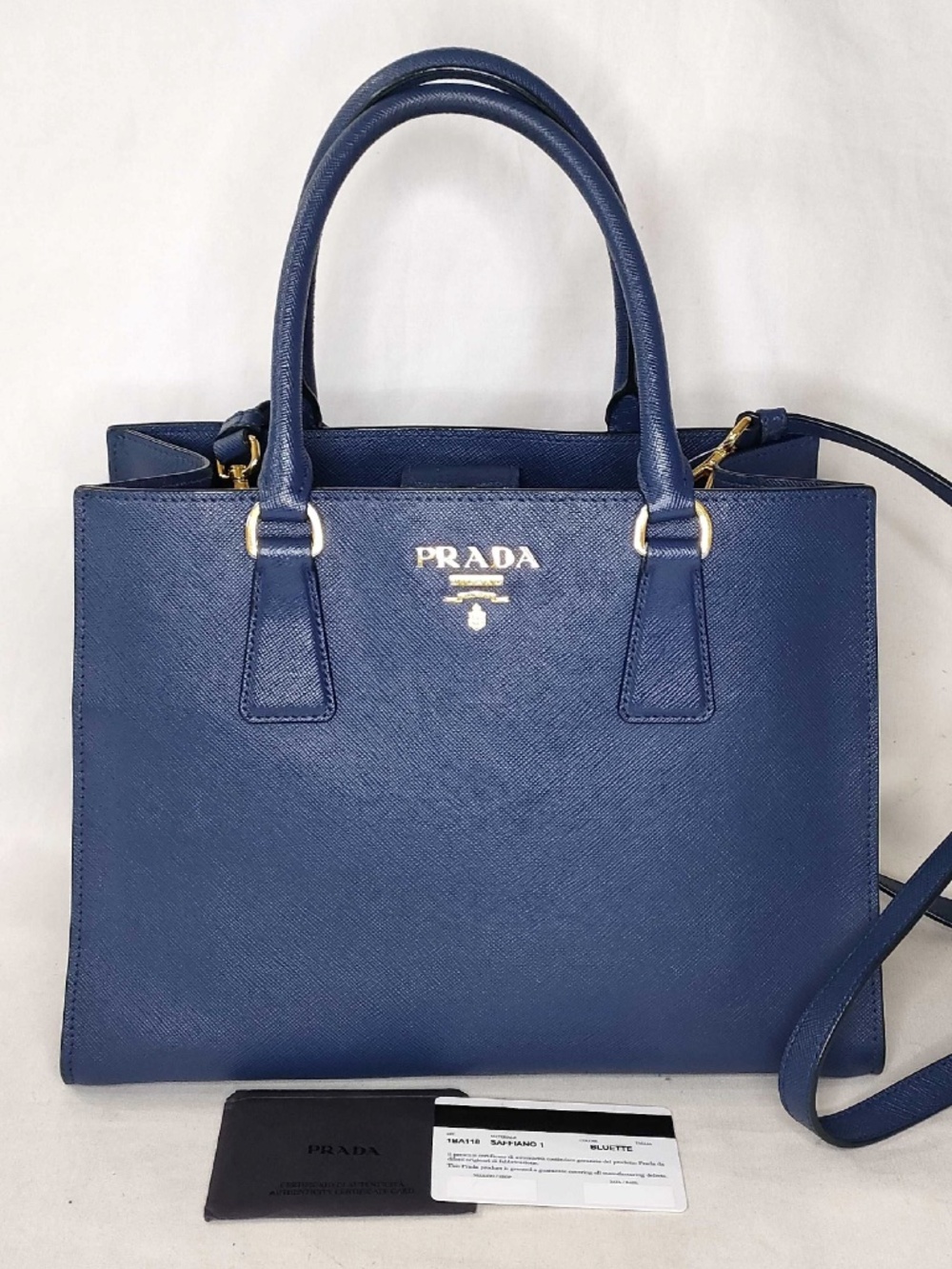 Prada Saffiano Lux Tote Bag 1BA118 Bluette Blue with Shoulder Strap